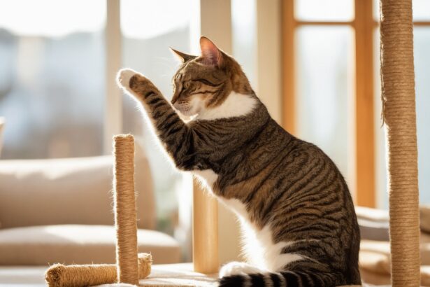 Chat tigré joue sur un arbre à chat en bois et sisal, éclairé par le soleil à travers une fenêtre.