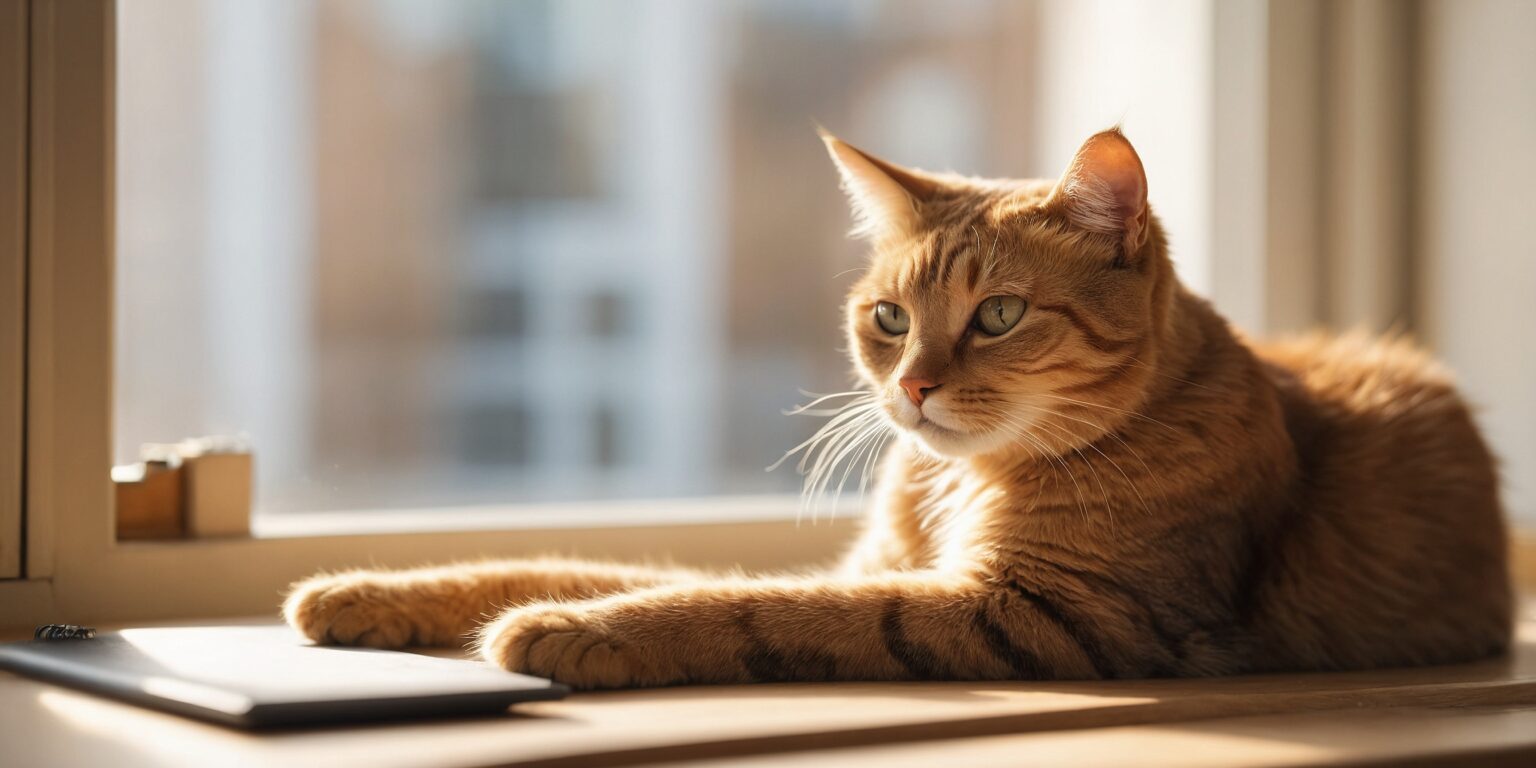 Chat roux allongé sur un rebord de fenêtre ensoleillé, regardant dehors avec curiosité.
