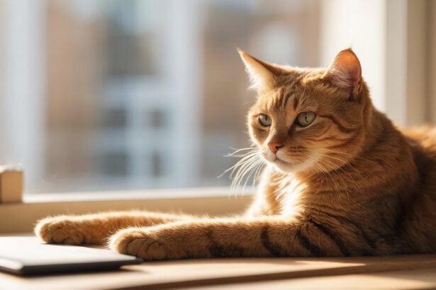 Chat roux allongé sur un rebord de fenêtre ensoleillé, regardant dehors avec curiosité.