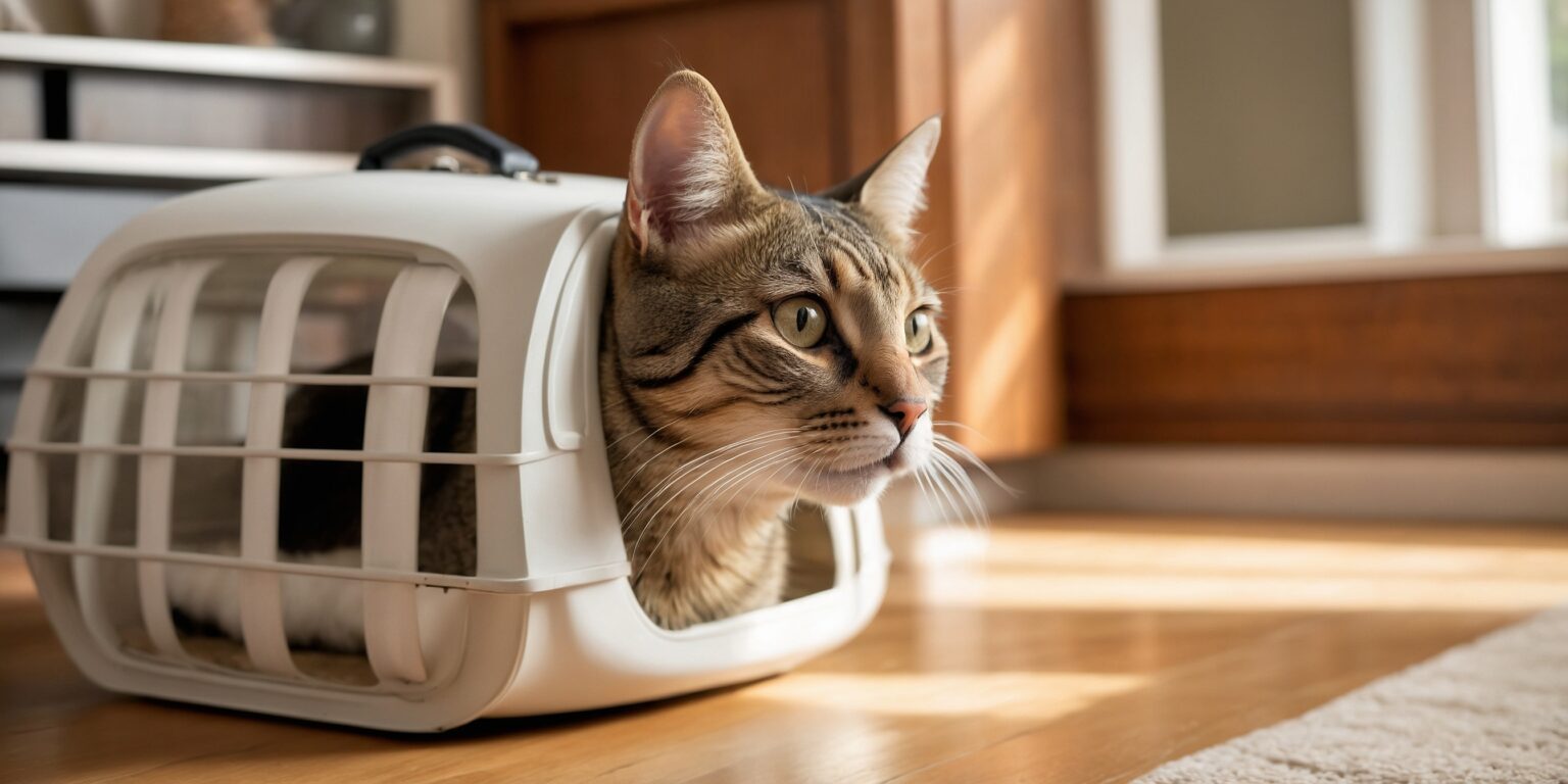 Chat tigré sortant d'une caisse de transport blanche sur un sol en bois, regardant attentivement vers l'extérieur.