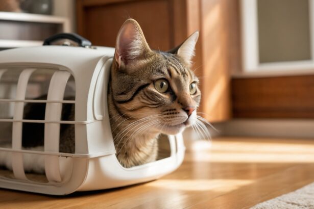 Chat tigré sortant d'une caisse de transport blanche sur un sol en bois, regardant attentivement vers l'extérieur.