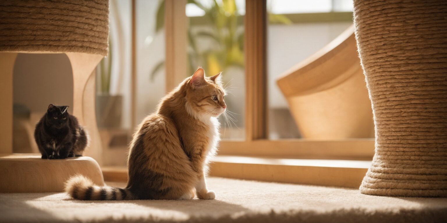 Deux chats assis dans un salon ensoleillé, entourés de meubles en bois et de plantes, créant une ambiance chaleureuse.