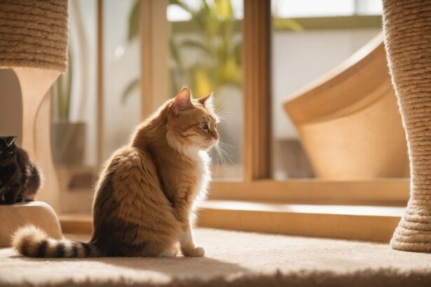Deux chats assis dans un salon ensoleillé, entourés de meubles en bois et de plantes, créant une ambiance chaleureuse.