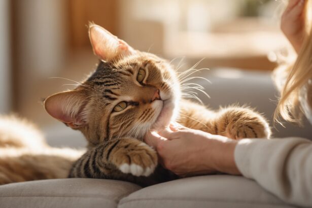 Chat tigré allongé, recevant des caresses sur le menton, profitant du soleil à l'intérieur d'une maison.
