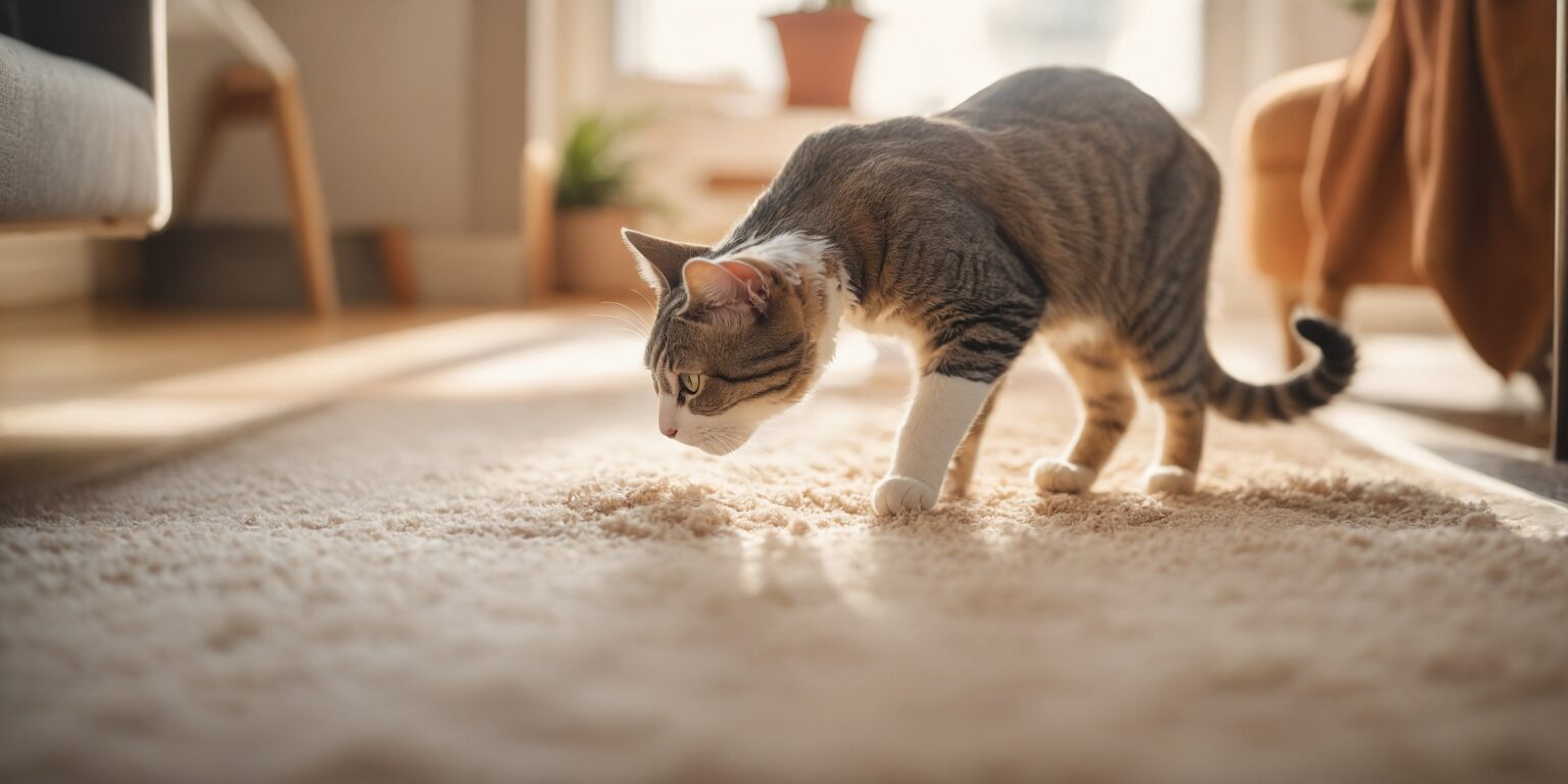 Chat tigré curieux reniflant un tapis moelleux dans un salon ensoleillé, entouré de meubles et de plantes en arrière-plan.