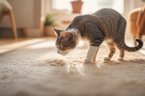 Chat tigré curieux reniflant un tapis moelleux dans un salon ensoleillé, entouré de meubles et de plantes en arrière-plan.