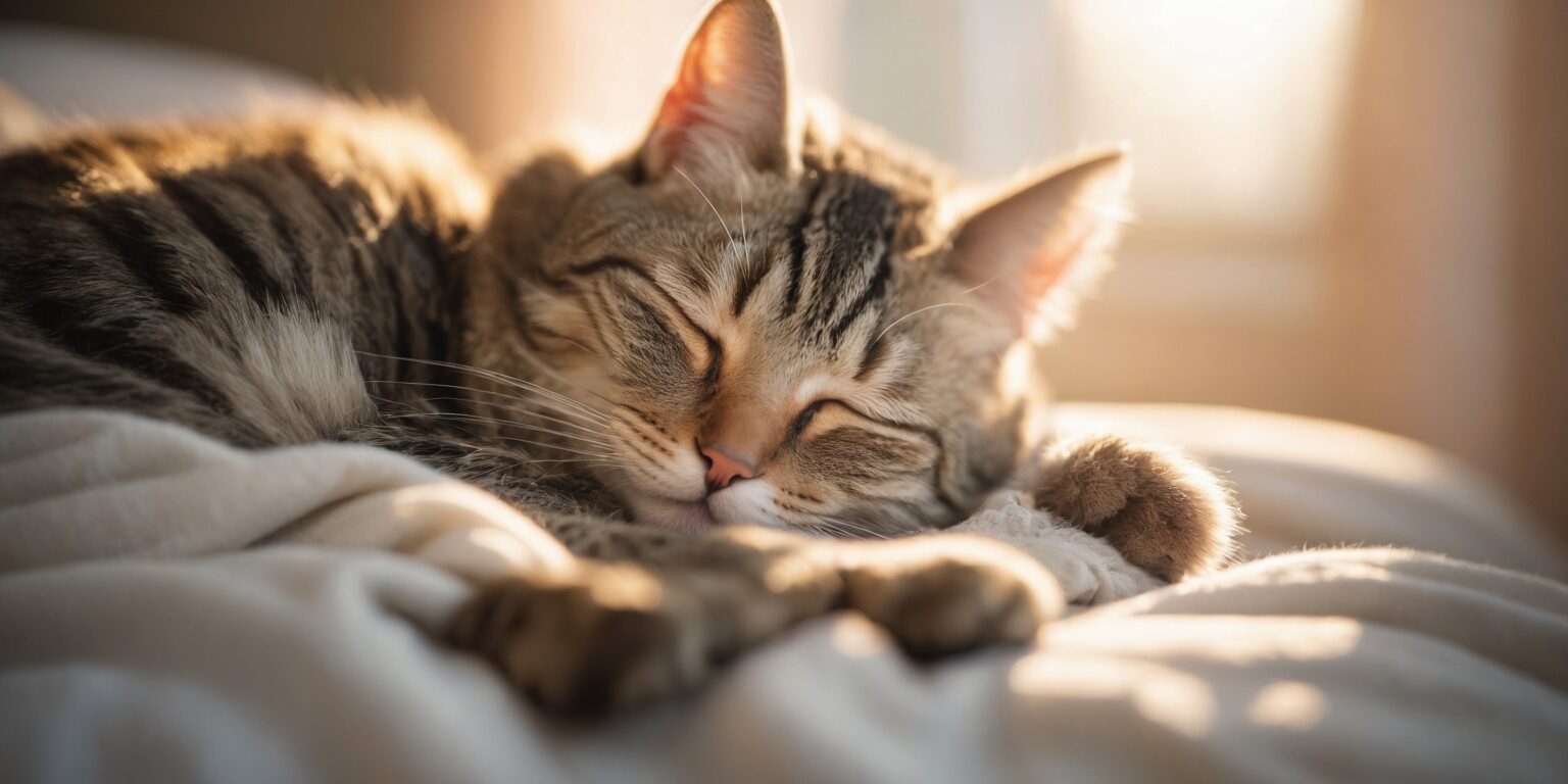 Chat tigré endormi sur un lit, baigné par une douce lumière du matin, créant une atmosphère paisible et chaleureuse.