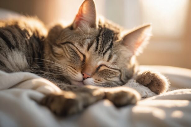 Chat tigré endormi sur un lit, baigné par une douce lumière du matin, créant une atmosphère paisible et chaleureuse.