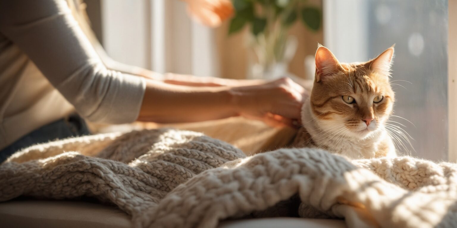 Chat roux allongé sur une couverture en laine, caressé par une personne près d’une fenêtre ensoleillée.