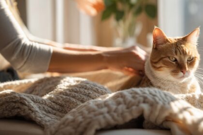 Chat roux allongé sur une couverture en laine, caressé par une personne près d’une fenêtre ensoleillée.