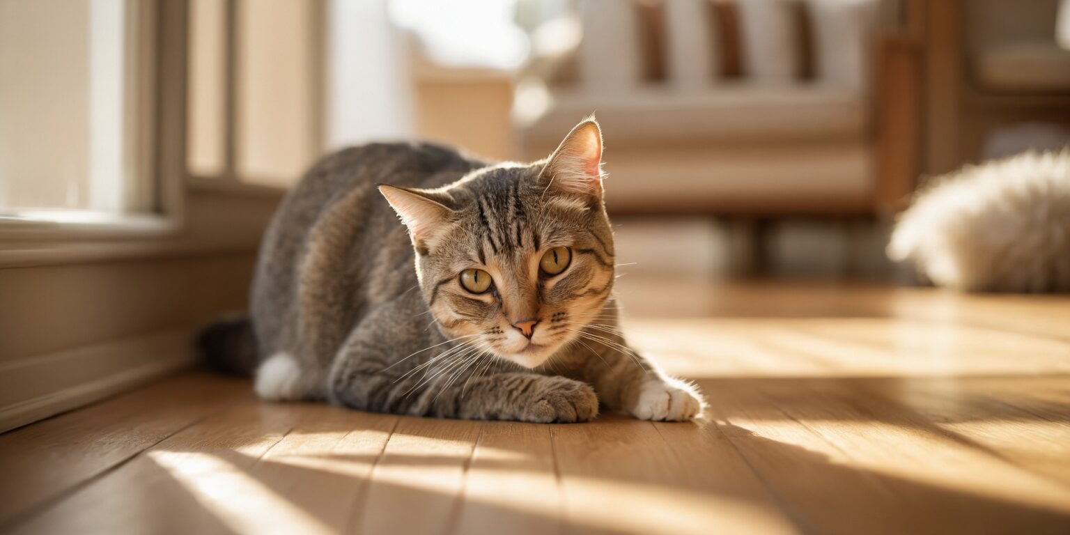 Chat tigré allongé sur un parquet en bois, baigné de lumière naturelle près d’une fenêtre, regardant calmement l’objectif.