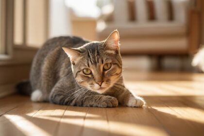 Chat tigré allongé sur un parquet en bois, baigné de lumière naturelle près d’une fenêtre, regardant calmement l’objectif.
