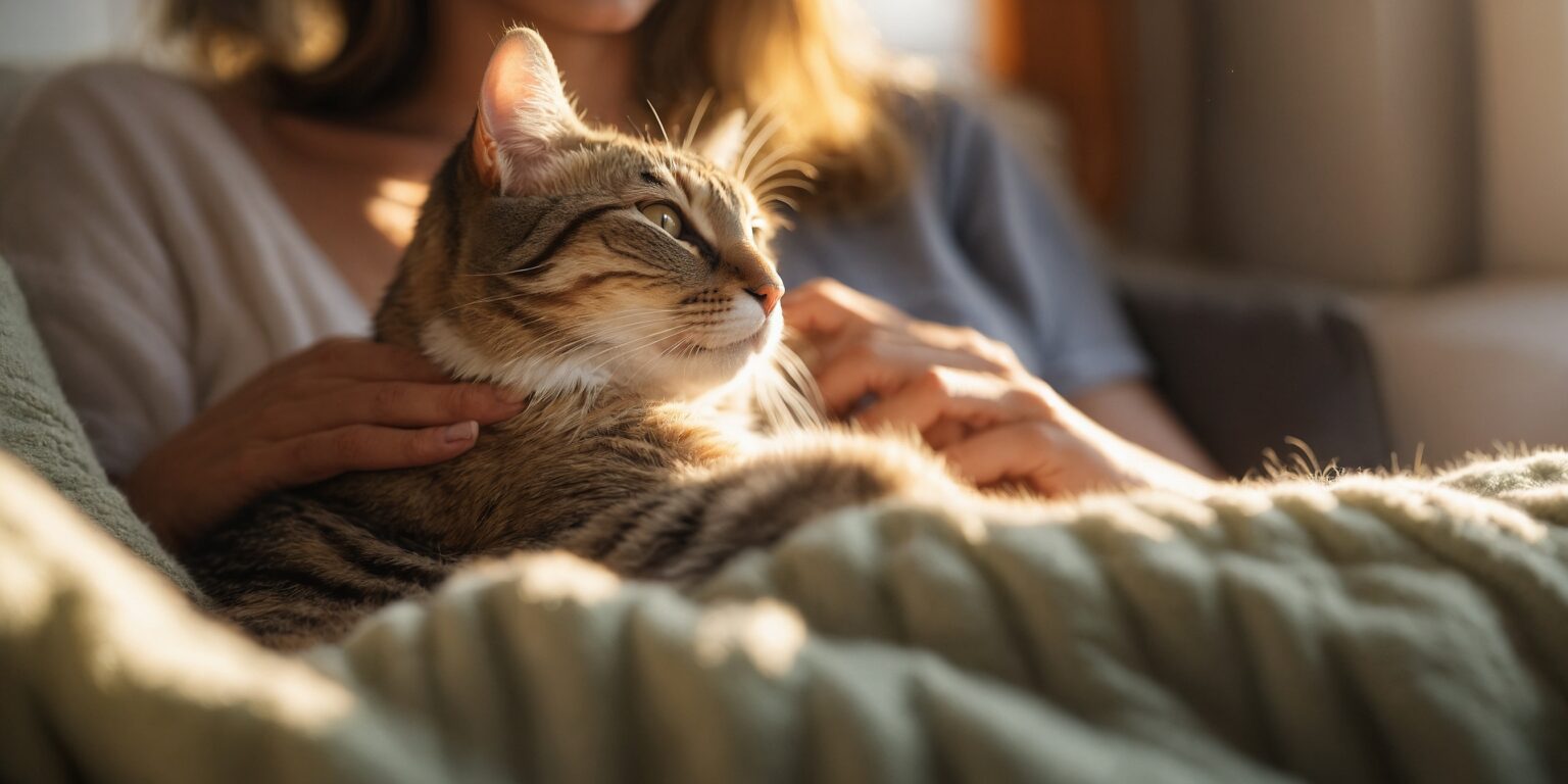 Chat tigré allongé sur une couverture, blotti contre une personne qui le caresse doucement dans une lumière douce.