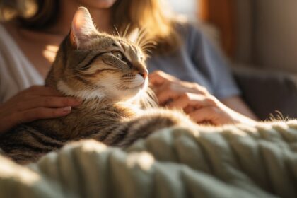 Chat tigré allongé sur une couverture, blotti contre une personne qui le caresse doucement dans une lumière douce.