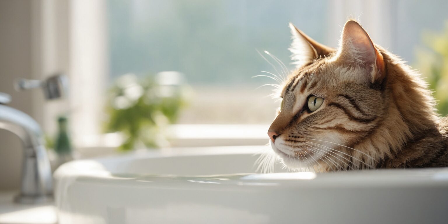 Chat tigré assis dans un lavabo, regardant vers la fenêtre avec une expression curieuse, éclairé par la lumière du matin.
