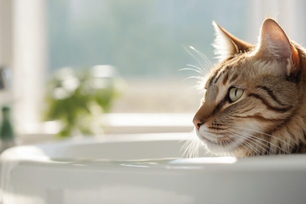 Chat tigré assis dans un lavabo, regardant vers la fenêtre avec une expression curieuse, éclairé par la lumière du matin.