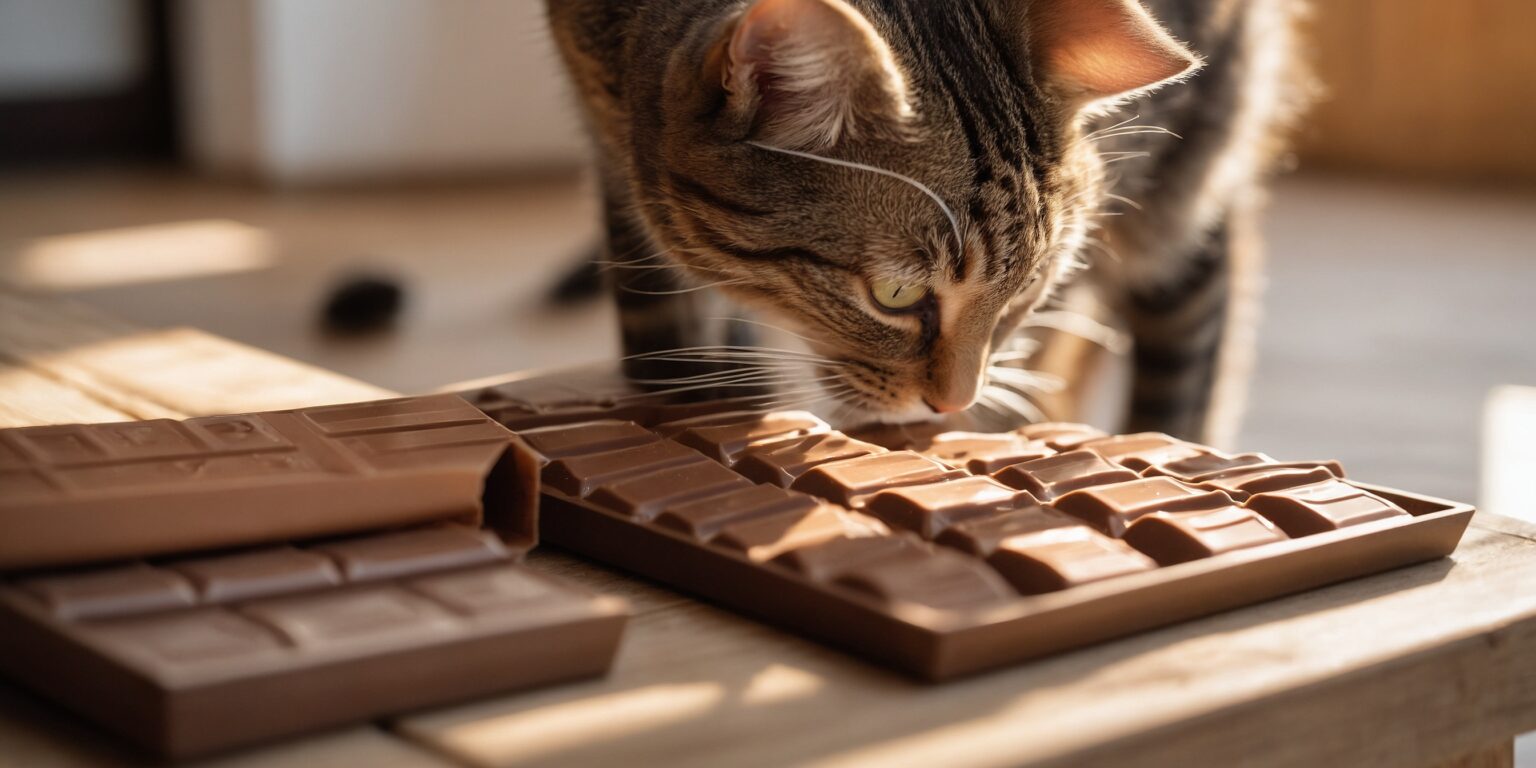 Chat curieux reniflant des tablettes de chocolat sur une table en bois, éclairées par la lumière du soleil.