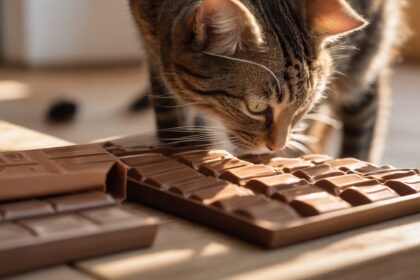Chat curieux reniflant des tablettes de chocolat sur une table en bois, éclairées par la lumière du soleil.