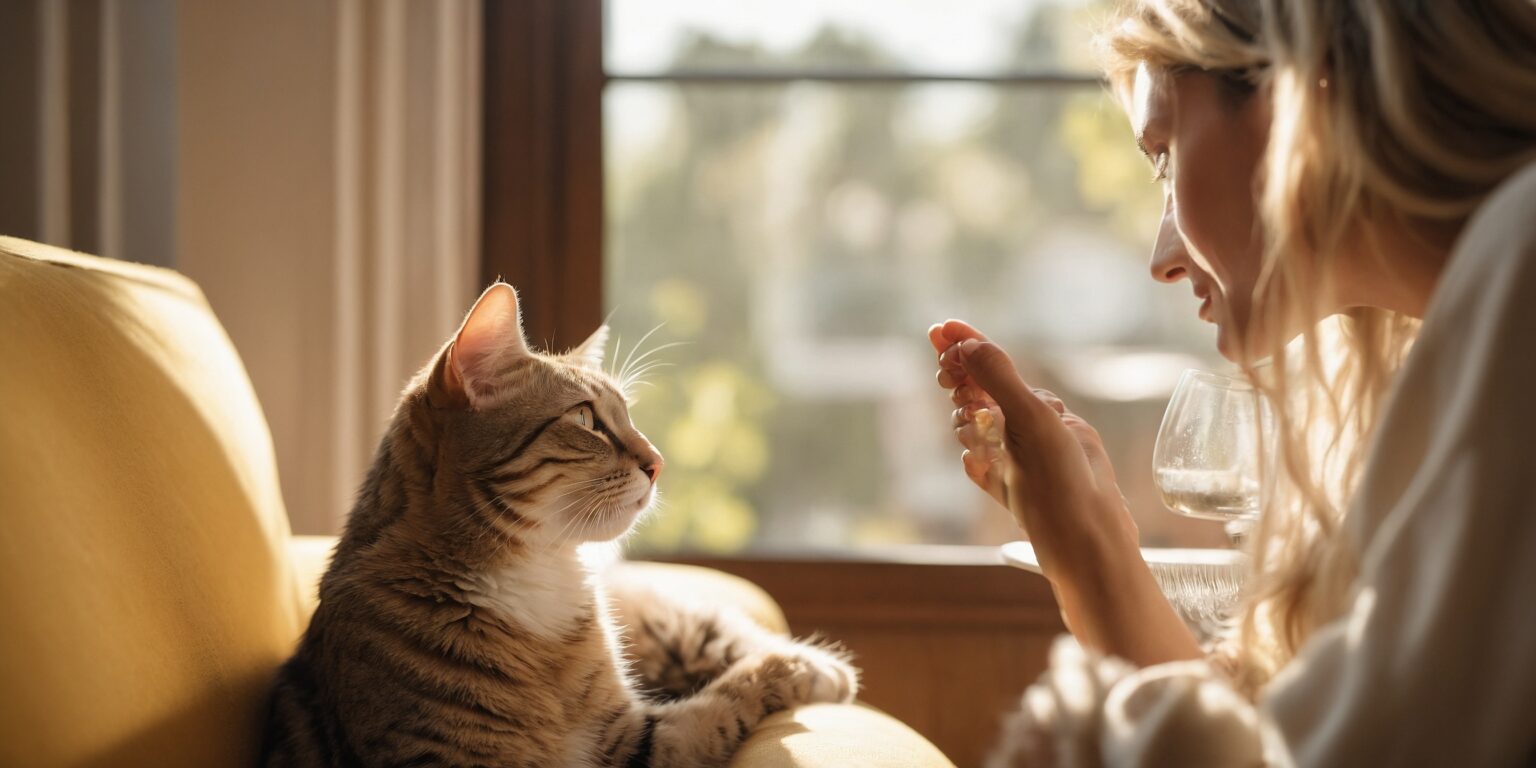 Femme blonde caressant un chat tigré sur un canapé jaune, lumière douce à travers la fenêtre.