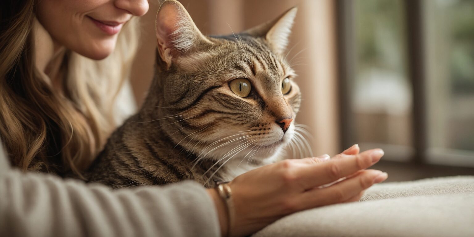 Femme souriante caressant un chat tigré regardant par la fenêtre, créant un moment de tendresse et de complicité.