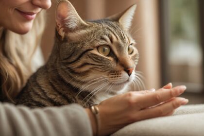 Femme souriante caressant un chat tigré regardant par la fenêtre, créant un moment de tendresse et de complicité.