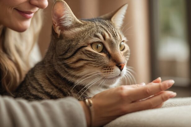 Femme souriante caressant un chat tigré regardant par la fenêtre, créant un moment de tendresse et de complicité.