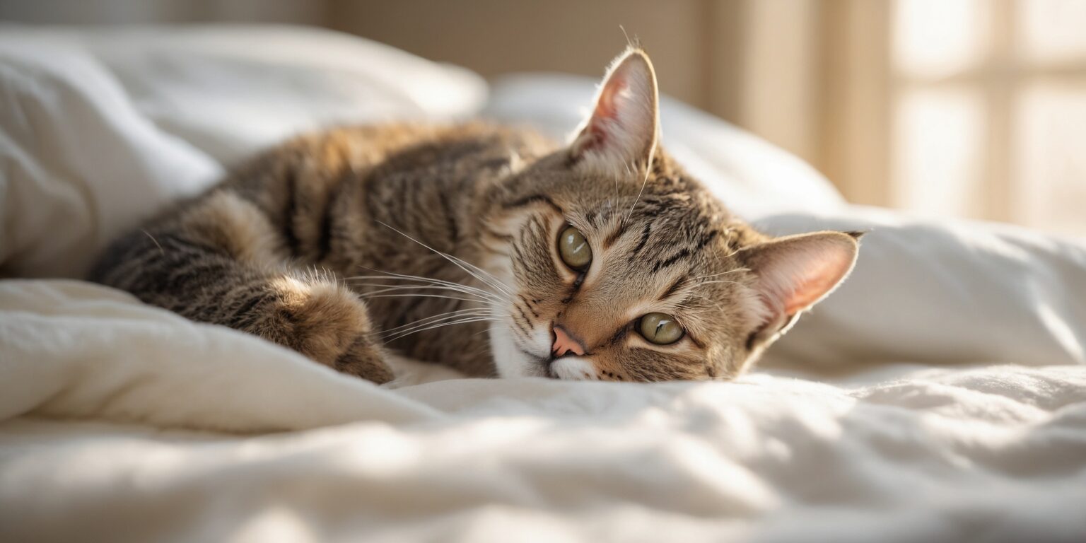 Chat tigré allongé sur un lit blanc, regardant calmement vers l'objectif, illuminé par une douce lumière naturelle.