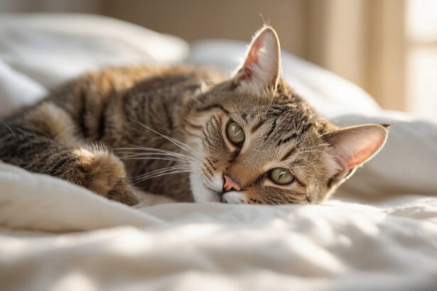 Chat tigré allongé sur un lit blanc, regardant calmement vers l'objectif, illuminé par une douce lumière naturelle.