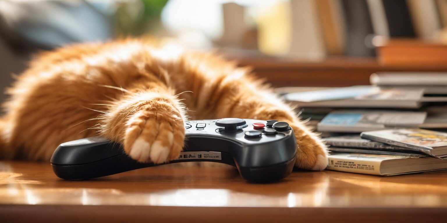 Chat roux allongé sur une table, posant une patte sur une manette de jeu vidéo près de magazines empilés.