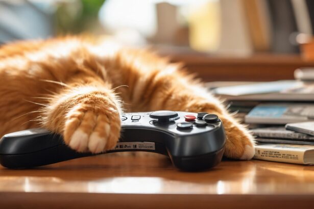 Chat roux allongé sur une table, posant une patte sur une manette de jeu vidéo près de magazines empilés.