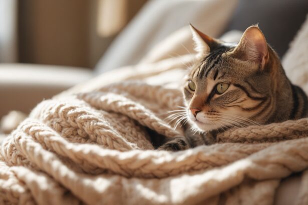 Chat tigré allongé sur un canapé, enveloppé dans une couverture en laine beige, profitant d’un moment de détente au soleil.