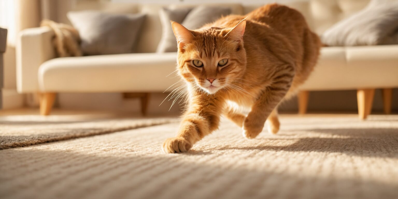 Chat roux marchant sur un tapis beige dans un salon lumineux, avec un canapé et des coussins en arrière-plan.