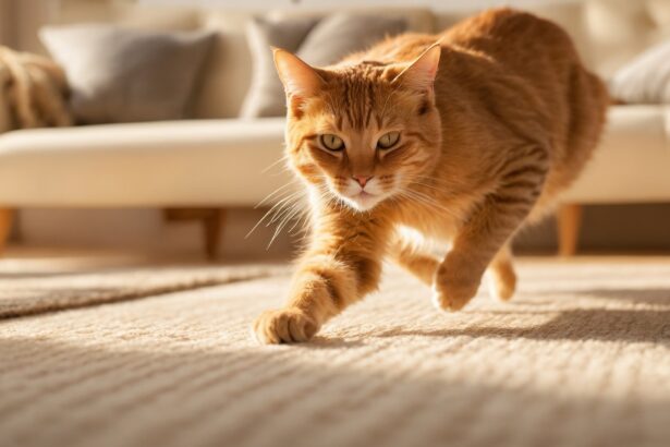 Chat roux marchant sur un tapis beige dans un salon lumineux, avec un canapé et des coussins en arrière-plan.