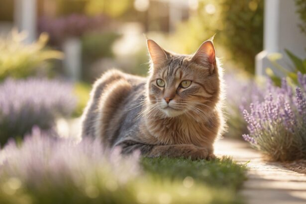 Chat tigré allongé dans un jardin ensoleillé, entouré de lavande en fleurs, profitant du calme de l’après-midi.