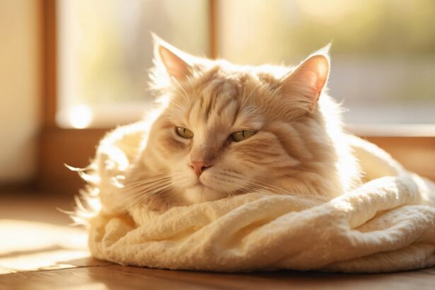 Chat crème allongé sur une couverture douce, baigné de lumière chaude près d’une fenêtre, regard calme et détendu.