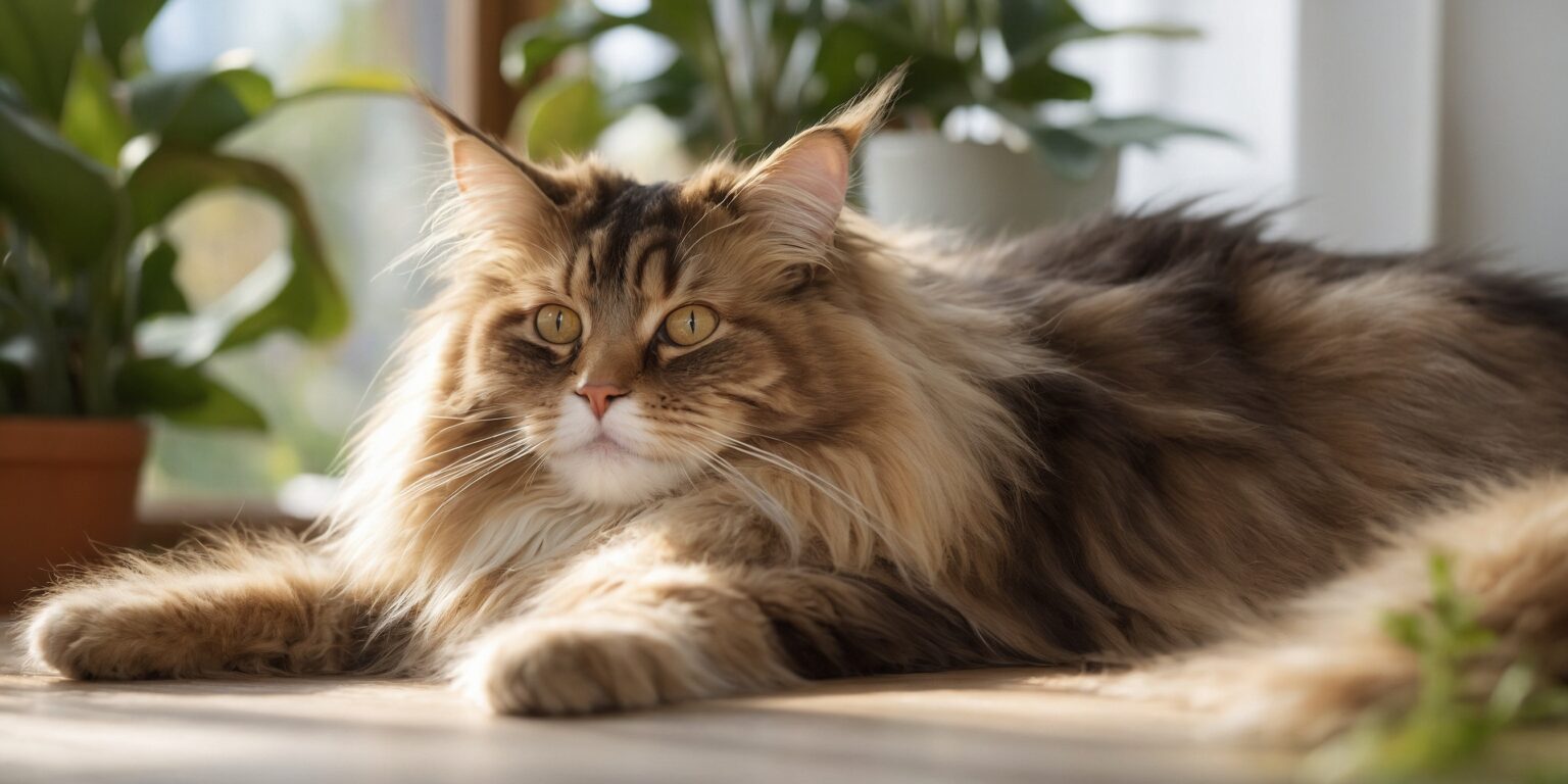 Chat Maine Coon allongé au soleil près de plantes vertes, regard vif et pelage long brun et crème.