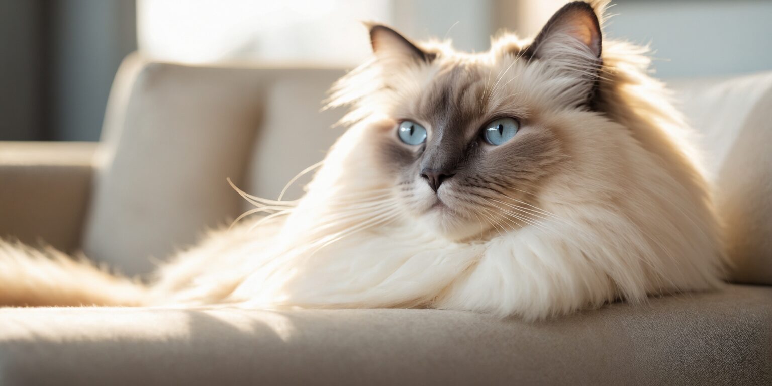 Chat aux yeux bleus allongé sur un canapé beige, pelage long et soyeux illuminé par la lumière naturelle.