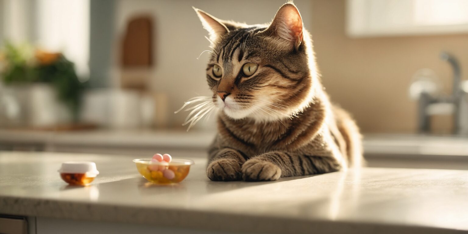 Chat tigré allongé sur un comptoir de cuisine, observant un bol de médicaments vétérinaires devant lui.