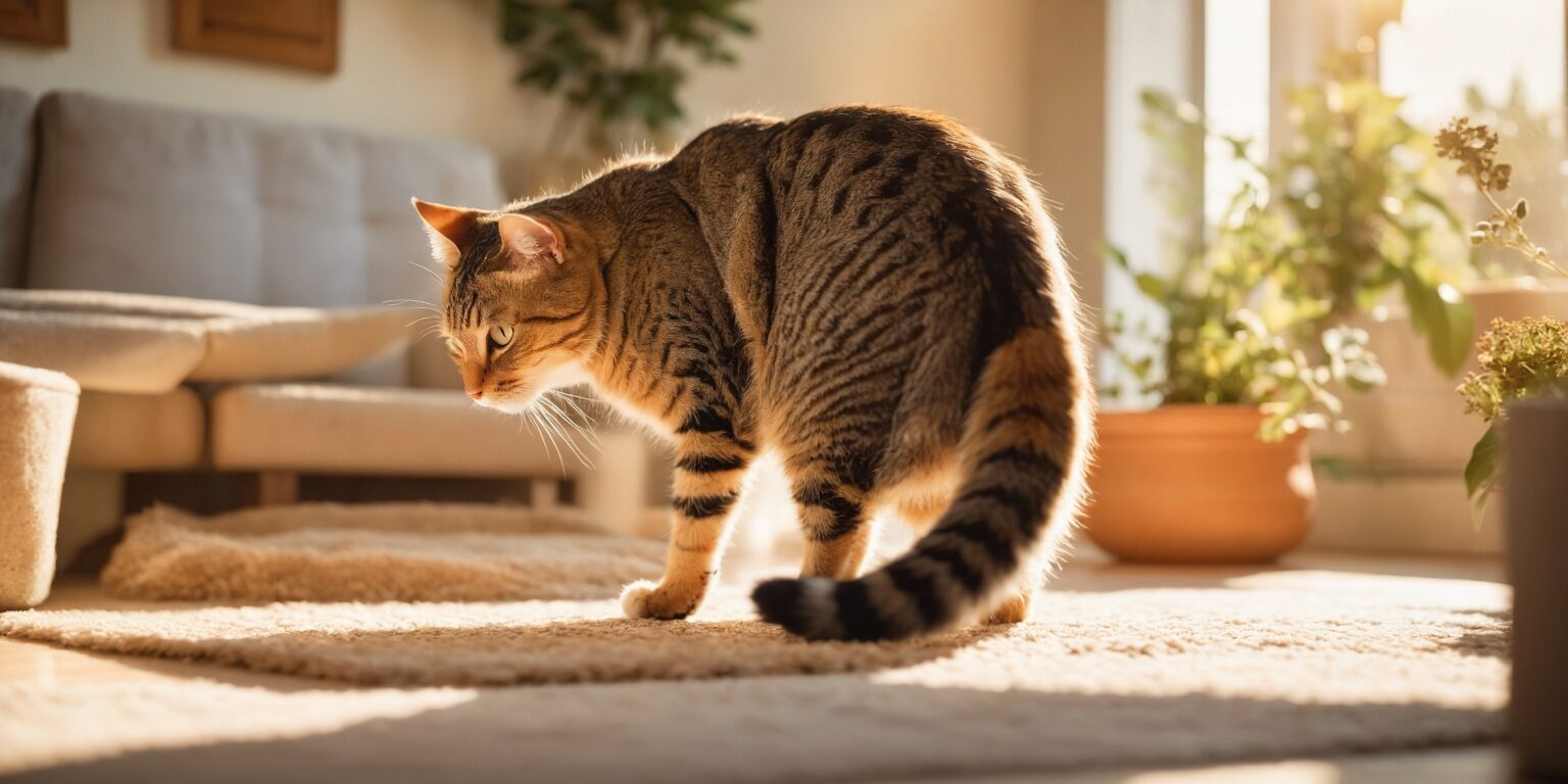 Chat tigré debout sur un tapis beige, baigné de lumière naturelle dans un salon avec plantes en pot et canapé en arrière-plan.