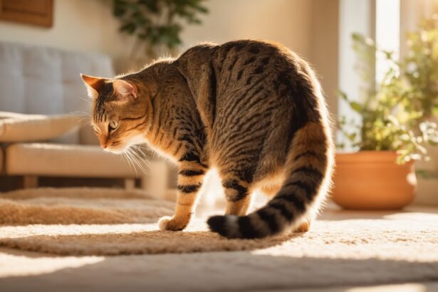 Chat tigré debout sur un tapis beige, baigné de lumière naturelle dans un salon avec plantes en pot et canapé en arrière-plan.