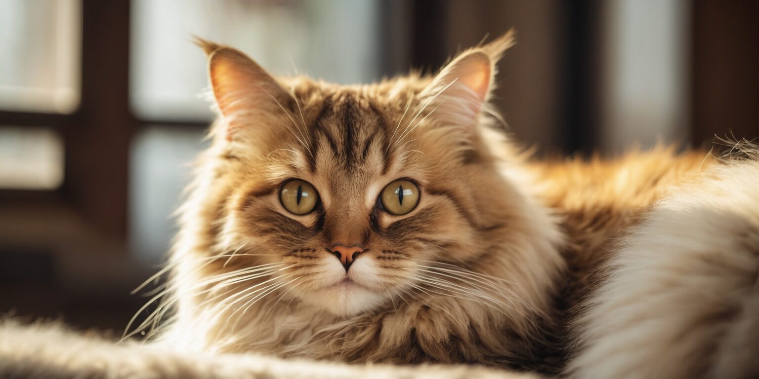 Chat à poil long aux yeux dorés allongé au soleil, regardant fixement avec une expression calme et attentive.