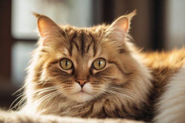 Chat à poil long aux yeux dorés allongé au soleil, regardant fixement avec une expression calme et attentive.