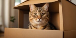 Chat tigré aux yeux verts regardant dehors depuis une boîte en carton, avec un éclairage doux en arrière-plan.
