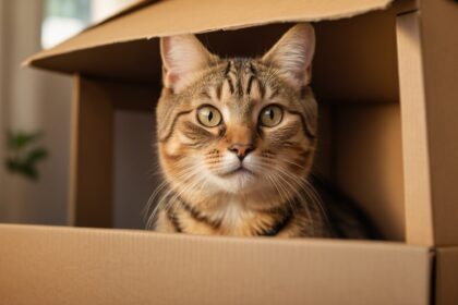 Chat tigré aux yeux verts regardant dehors depuis une boîte en carton, avec un éclairage doux en arrière-plan.