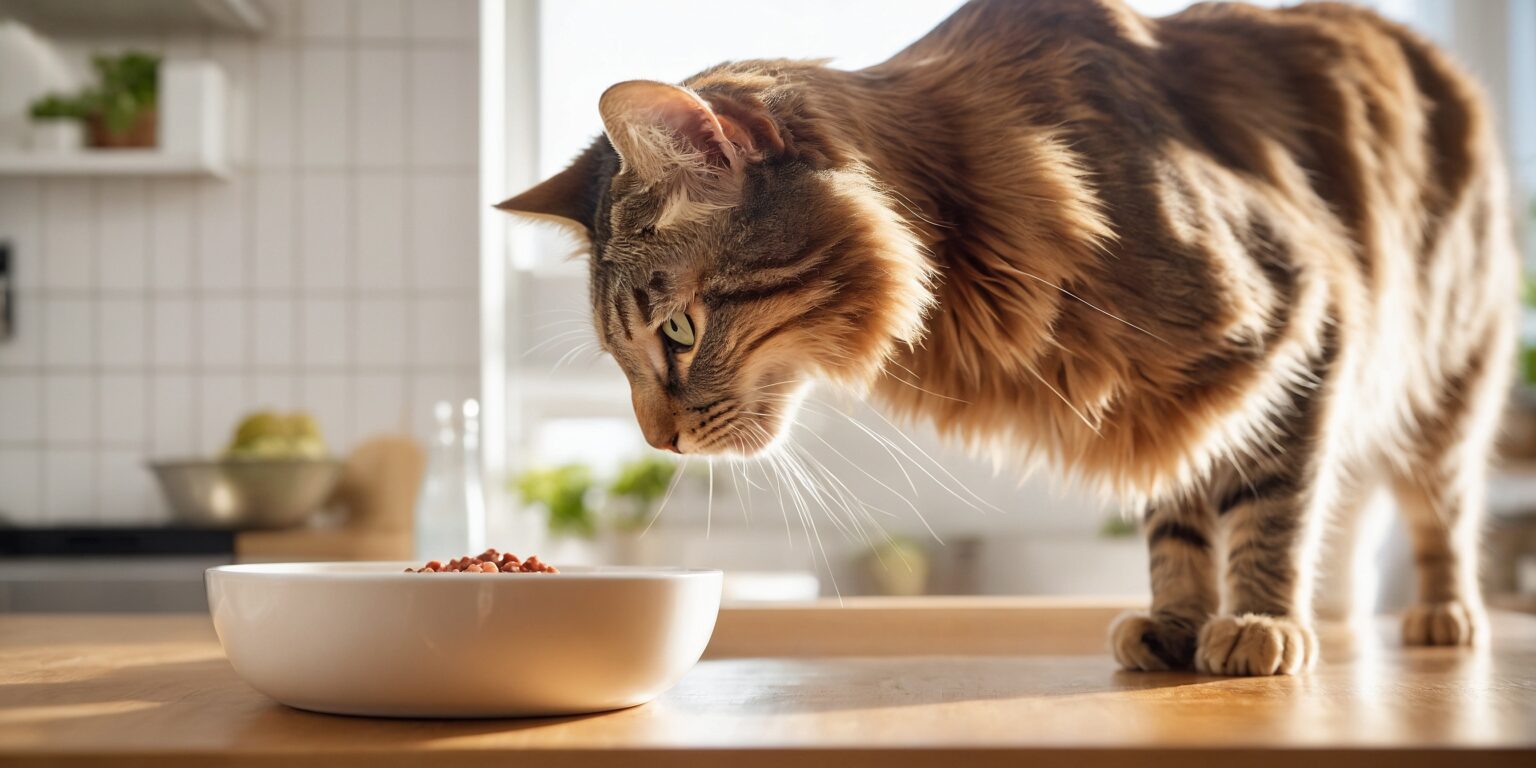 Chat tigré reniflant une gamelle de nourriture pour chat posée sur une table en bois dans une cuisine lumineuse.