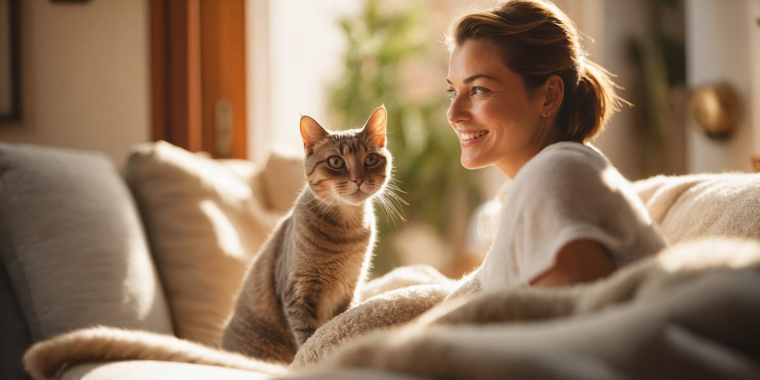 Femme souriante allongée sur un canapé avec un chat tigré assis à côté d’elle dans une ambiance chaleureuse et détendue.