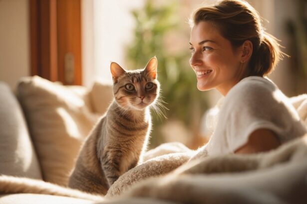 Femme souriante allongée sur un canapé avec un chat tigré assis à côté d’elle dans une ambiance chaleureuse et détendue.