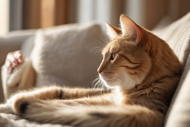 Chat roux allongé sur un canapé beige, regardant par la fenêtre avec une lumière douce du matin sur son pelage.