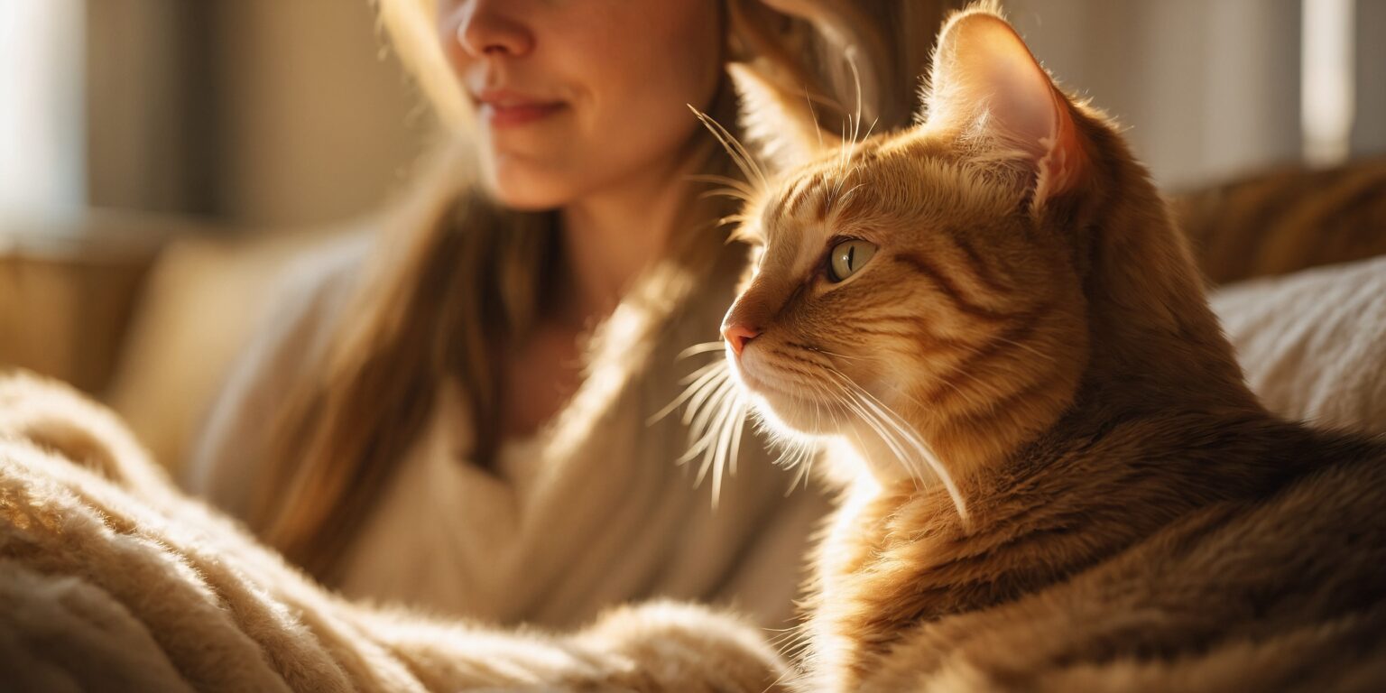Chat roux allongé sur un plaid douillet, regardant au loin, aux côtés d’une femme dans une ambiance chaleureuse.