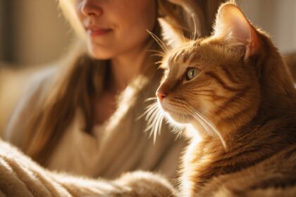 Chat roux allongé sur un plaid douillet, regardant au loin, aux côtés d’une femme dans une ambiance chaleureuse.